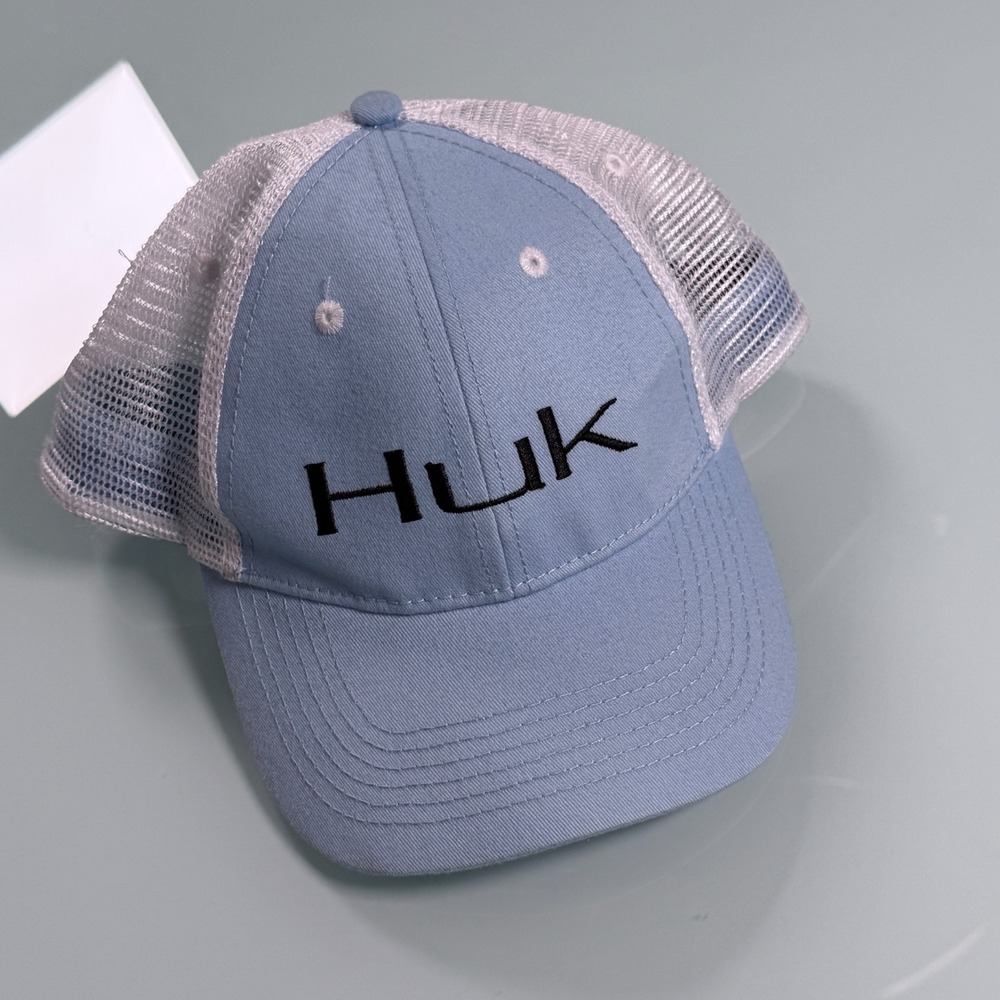 HUK Fishing Trucker Hat Mens One Size Adjustable Snapback Cap Blue White Mesh